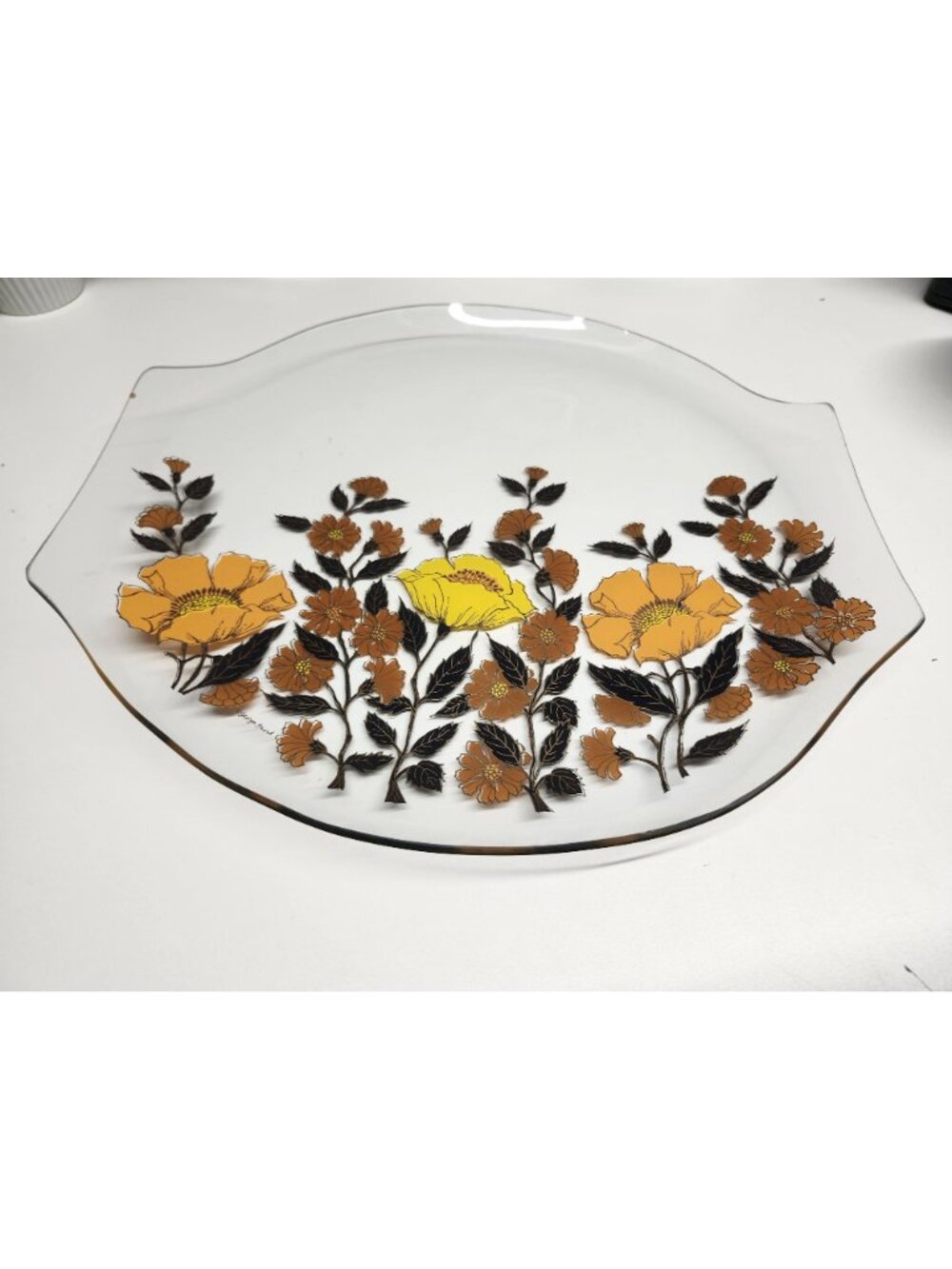 Georges Briard Glass Serving Tray MCM Poppies Flowers Large Platter